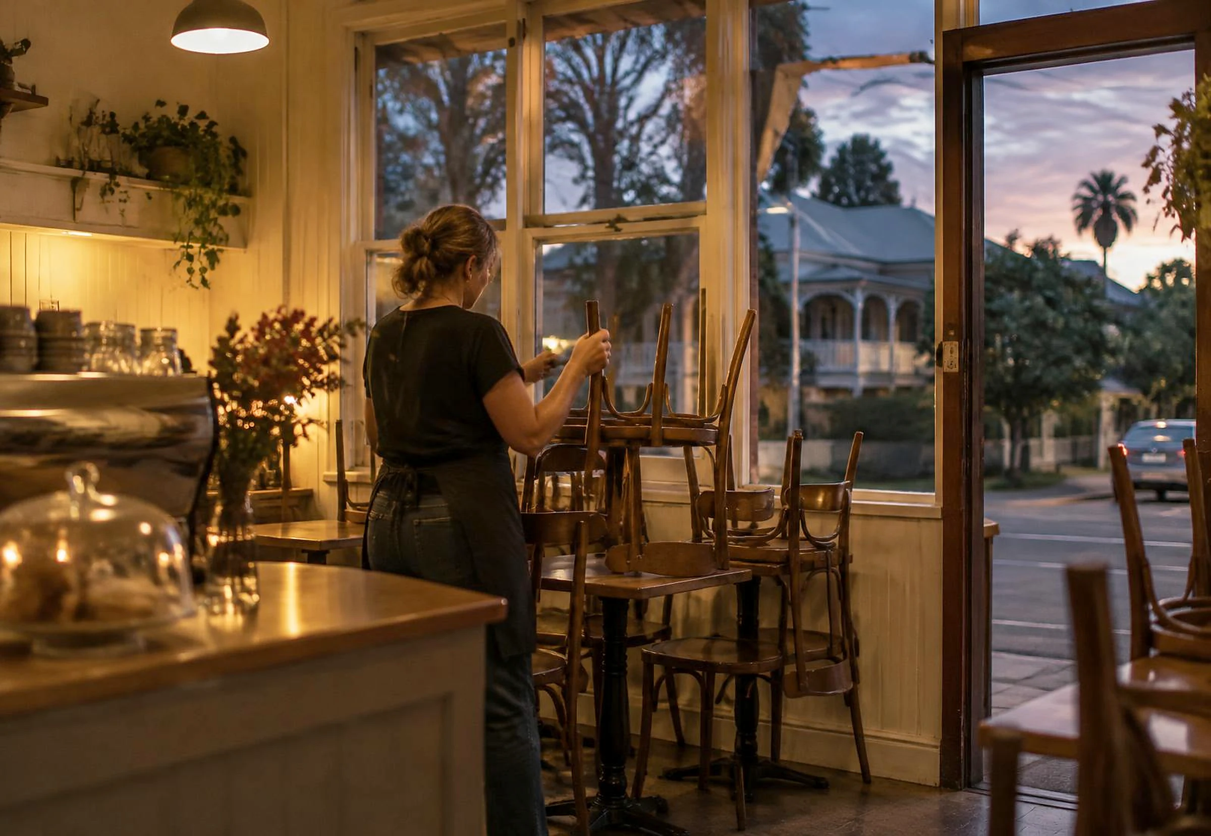 A café owner stacks chairs while closing up at dusk